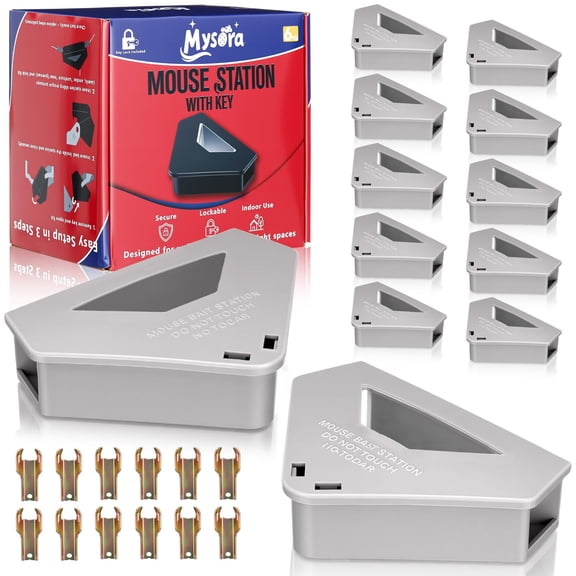 12 Pack Mouse Bait Stations with Visible Window & Keys, Lockable Rodent Control Boxes Triangular Mice Traps Box for Indoor Outdoor Corners Garage Kitchen, Bait Not Included (Gray)