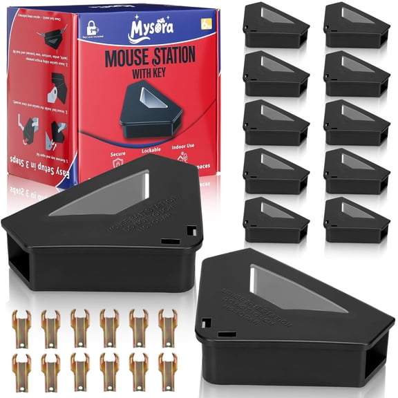 12 Pack Mouse Bait Stations with Visible Window & Keys, Lockable Rodent Control Boxes Triangular Mice Traps Box for Indoor Outdoor Corners Garage Kitchen, Bait Not Included (Black)