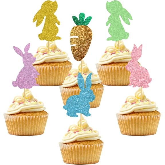 12 Pack Multi-Color Glitter Easter Bunny Cupcake Toppers, Rabbit Carrot Picks for Easter Spring Party Cake Decorations Supplies