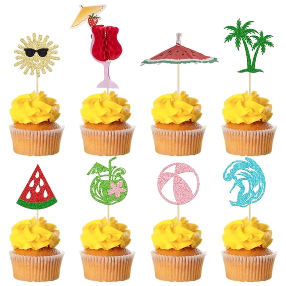 12 Pack Multi-Color Glitter Tropical Beach Cupcake Toppers, Sun & Palm Tree Party Picks Decorations