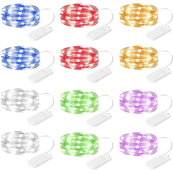 12 Pack Multi Color Led Fairy Lights Battery Operated String Lights Waterproof Silver Wire 7 Feet 20 Led Firefly Starry Moon Lights for DIY Wedding Party Bedroom Patio Christmas