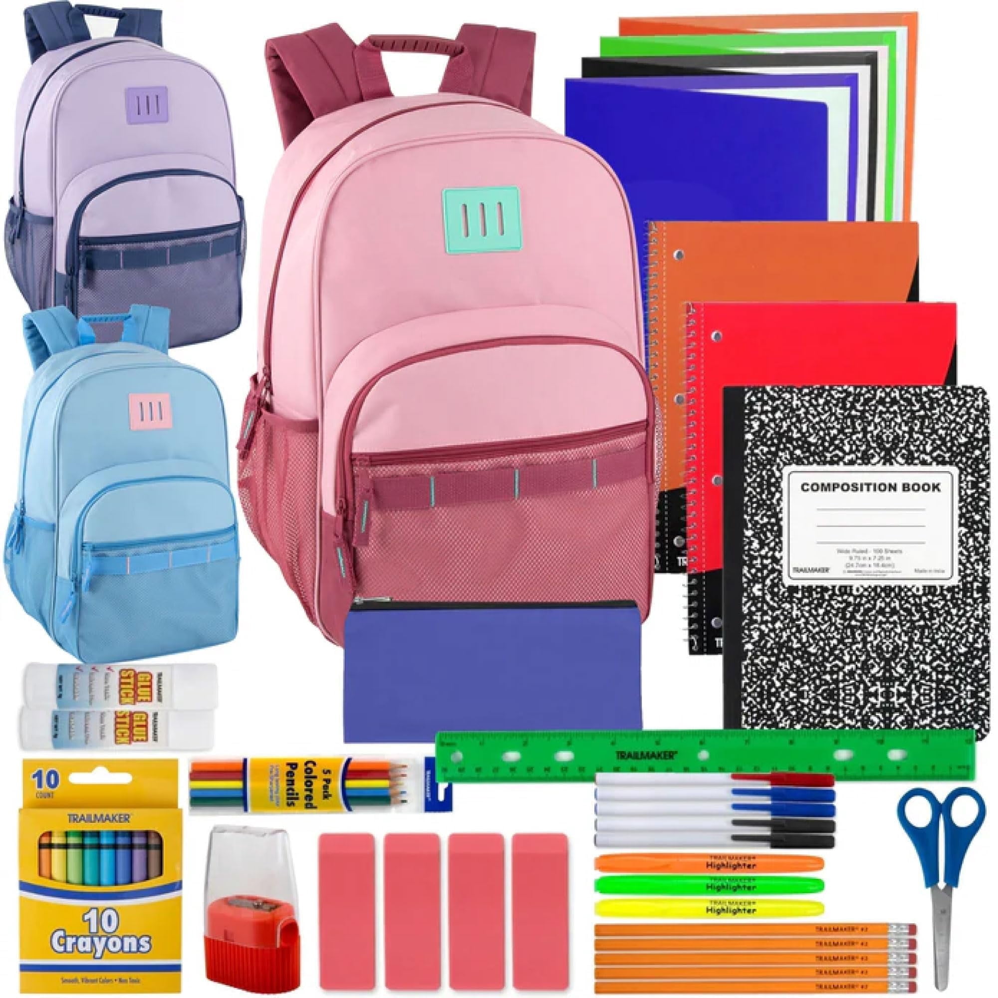 12 Pack of Multi Mesh Pocket Backpacks Containing 45 Piece Stationary Supply Kits with Pens, Pencils, Erasers, Notebooks and More in Pastel Colors Pack