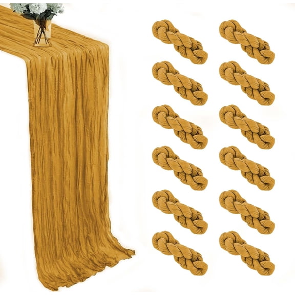 12 Pack Mustard Gold Cheesecloth Table Runner 10FT 120 x 35 Inch – Rustic Boho Gauze Table Runners for Wedding, Baby Shower, Birthday Party, Bridal Shower, Farmhouse and Holiday Decorations