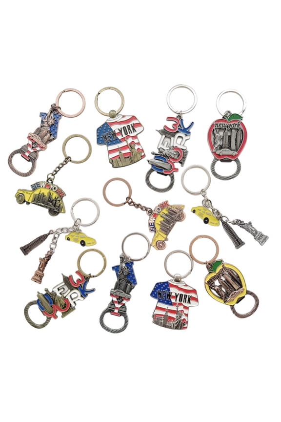 12 Pack NYC Souvenir Keychain Collection, New York Metal Souvenir Gifts Keychain Ring Bundle, Bulk, Includes Statue Of Liberty, Empire State, Broadway, Metro Bottle Opener(Color May Vary)