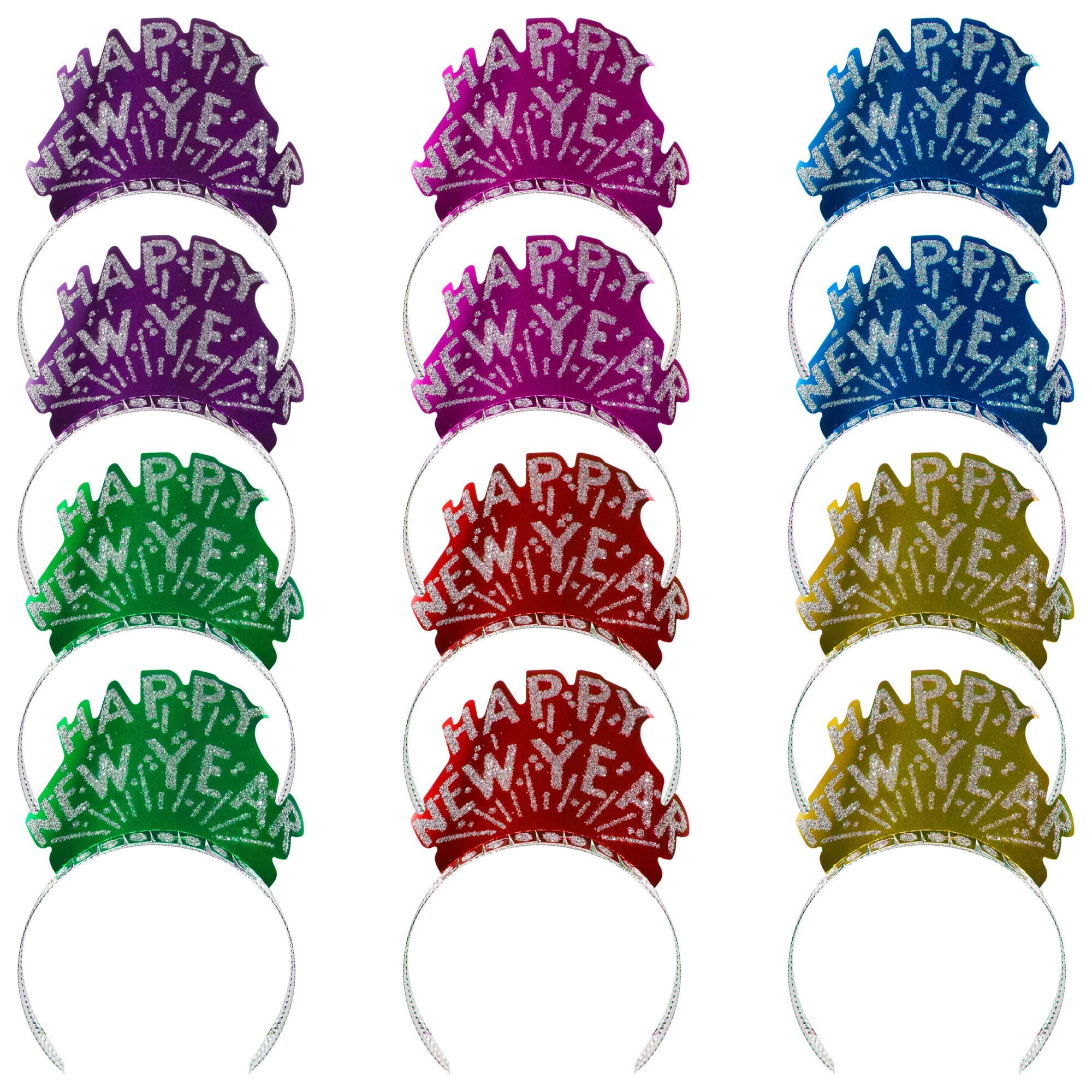 Windy City Novelties Happy New Year Tiaras Hats in Assorted Sparkly Colors - 12 Bulk Pack Headbands - 2026 New Years Eve Party Supplies