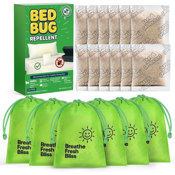 12 Pack Natural Bed Bug Repellent Pouches Plant Based Long-Lasting 2 Month Protection Against Bedbugs Dust Mites & Fleas Safe for Mattress Luggage Furniture & Travel No Residue Non-Toxic Formula
