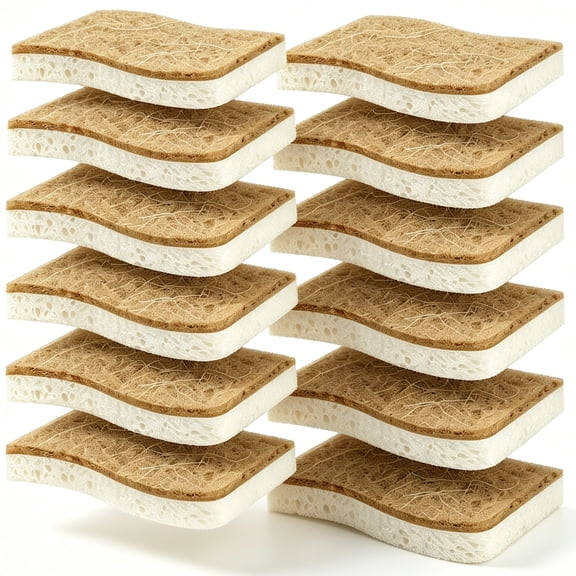 12 Pack Natural Kitchen Sponge, Biodegradable Compostable Cellulose and Coconut Scrubber Sponge, Eco Friendly Non-Scratch Scrub Sponge, Household Cleaning Sponge for Dishes