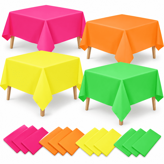 12 Pack Neon Plastic Rectangle Tablecloths, 54 x 108 Inch, Pink Orange Yellow Green