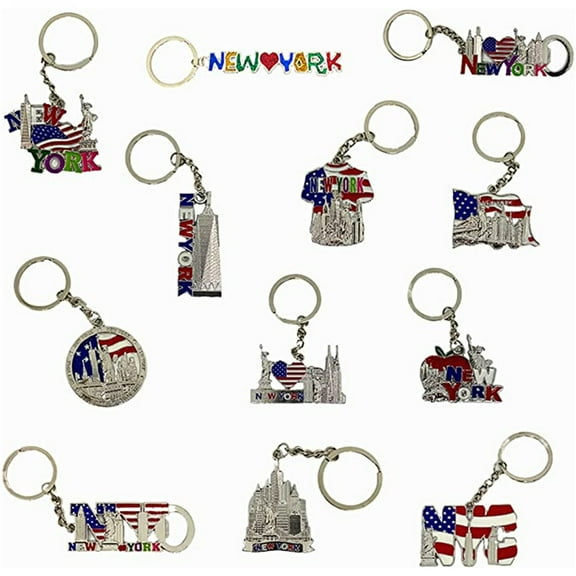 12 Pack New York NYC Metal Keychain Ring Bundle Souvenir Collection, Gift Set Include Empire State, Freedom Tower, Statue Of Liberty, USA Flag, And More