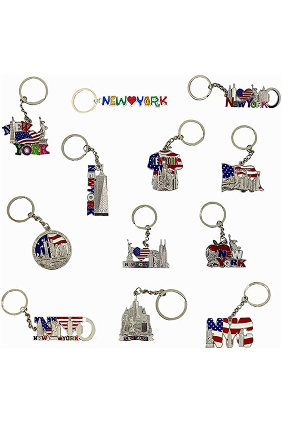 12 Pack New York NYC Metal Keychain Ring Bundle Souvenir Collection, Gift Set Include Empire State, Freedom Tower, Statue Of Liberty, USA Flag, And More