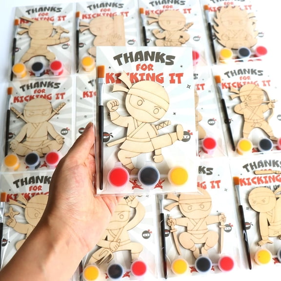 Ninja Party Favor Craft Kits, 12 Pack Individually Wrapped Paint Your Own Wooden Magnet Set With Thank You Cards, Kids Birthday Activity For Boys And Girls