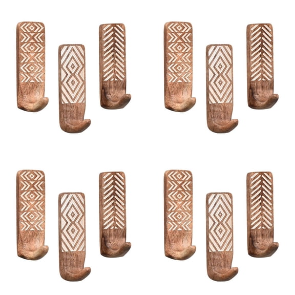 12 Pack Non-Destructive Wood Wall Hooks - Adhesive Wall Hooks - Boho Decorative Wall Hooks