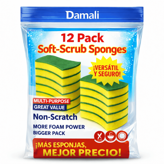 12 Pack Non-Scratch Scrub Sponges for Dishes, Heavy Duty Kitchen Sponge, Multipurpose Scrubber, Durable, Odor-Free, Safe on Nonstick Cookware, Pots, Pans, Countertops