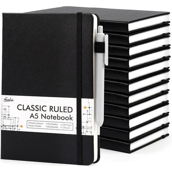 12 Pack Notebooks Journals Bulk with 12 Black Pens, Feela A5 Hardcover Notebook Classic Ruled Journal Set with Pen Holder, 120 GSM, 5.1"x8.3", Black