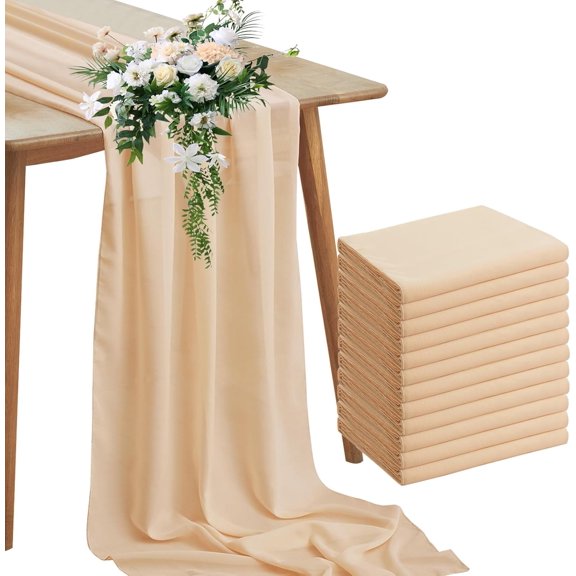 12 Pack Nude Chiffon Table Runners 10FT Sheer Chiffon Runner 29x120 Inches Romantic Boho Rustic Table Runner for Wedding Party Bridal Baby Shower Table Decorations