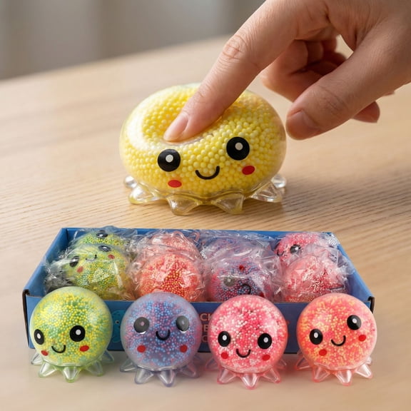12 Pack Octopus Squeeze Fidget Toys, Soft Bead Sensory Stress Balls for All Ages, Tactile Animal Accessories in Display Box