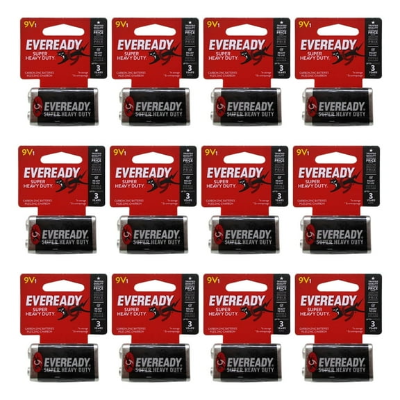 12 Pack Of 9 Volt Eveready Super Heavy Duty Batteries