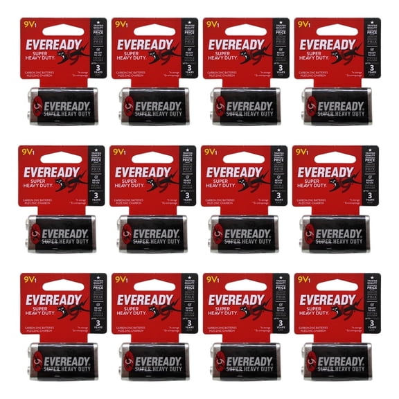 12 Pack Of 9 Volt Eveready Super Heavy Duty Batteries