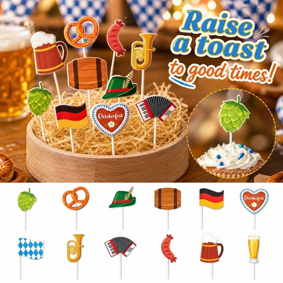 12 Pack Oktoberfest Decorations, Cake & Cupcake Toppers with Stein & Pretzel, for Table Decorations