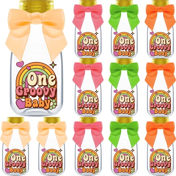 12 Pack One Groovy Baby Party Favors - DIY Candy Jars with Ribbons and Stickers - Funky Party Decoration Bottles for 1st Birthday Bash for Boy or Girl - Giftable Retro Hippie Table Centerpieces