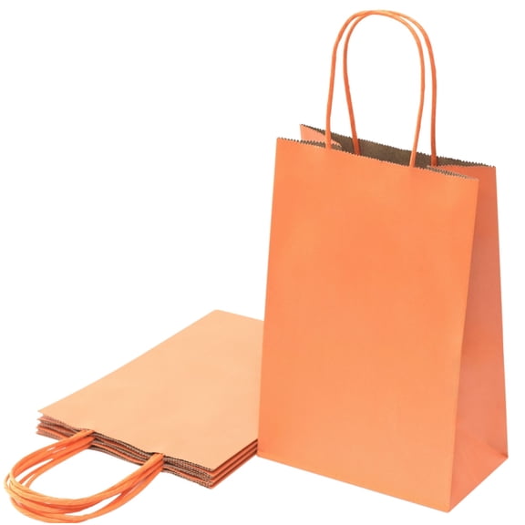 12 Pack Orange Gift Bags (8.5x5.5x3.25 In): Small Orange Kraft Paper Bags with Handle