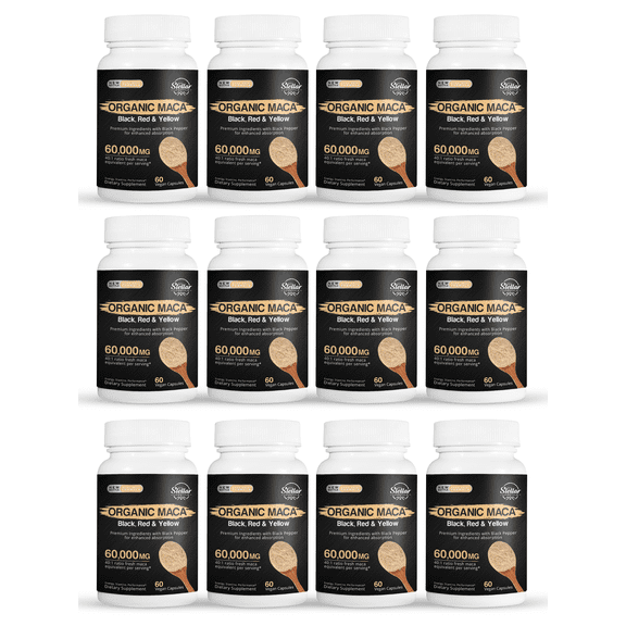 12 Pack Organic Maca, Black, Red and Yellow, boost energy, memory support, reduce tiredness and fatigue-60 Capsules x12
