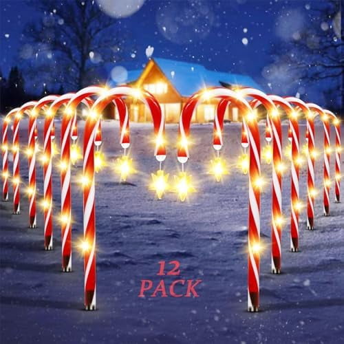 12 Pack Outdoor Christmas Decorations Solar Candy Cane Lights Solar Christmas Pathway Lights Outdoor Waterproof with Star & Bright LED 8 Modes Xmas Decorations for Outside Yard Garden
