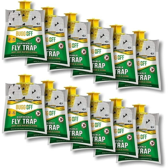 12 Pack Outdoor Disposabe Hanging Fly Traps with Natural Pre-Bait, Catches Flyes Everywhere Anywhere, Stables, Ranches, Cottages and More. Cut, Fill and Hang.
