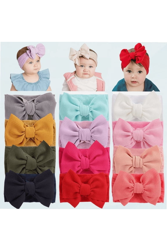 12 Pack Oversized Colorful Solid Stretchy Nylon Headbands with Big Bow Large Knot Hair Bows Soft Elastic Hair Bands Hair Accessories Wide Headwraps for Newborn Baby Girls Infants Toddlers Kids