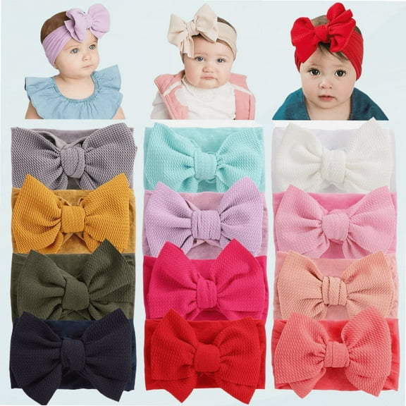 12 Pack Oversized Colorful Solid Stretchy Nylon Headbands with Big Bow Large Knot Hair Bows Soft Elastic Hair Bands Hair Accessories Wide Headwraps for Newborn Baby Girls Infants Toddlers Kids