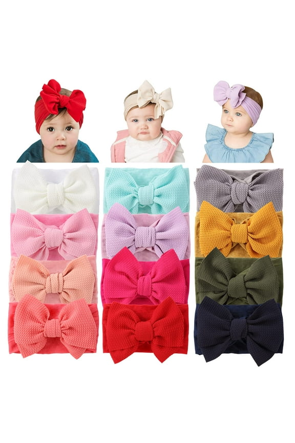 12 Pack Oversized Colorful Solid Stretchy Nylon Headbands with Big Bow Large Knot Hair Bows Soft Elastic Hair Bands Hair Accessories Wide Headwraps for Newborn Baby Girls Infants Toddlers Kids