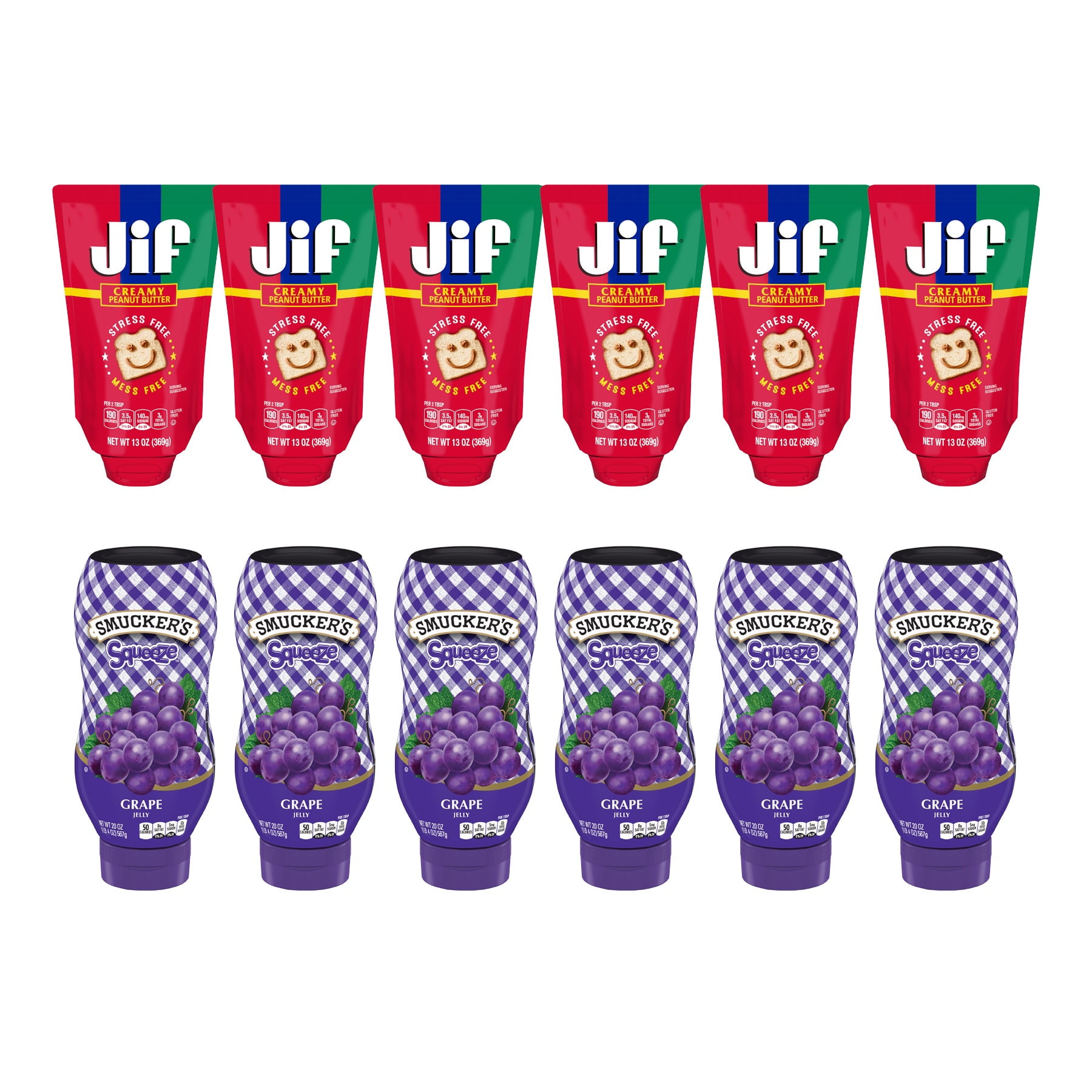 (12 Pack) PB&J Variety Pack, Jif Squeeze Creamy Peanut Butter (6 ct ...
