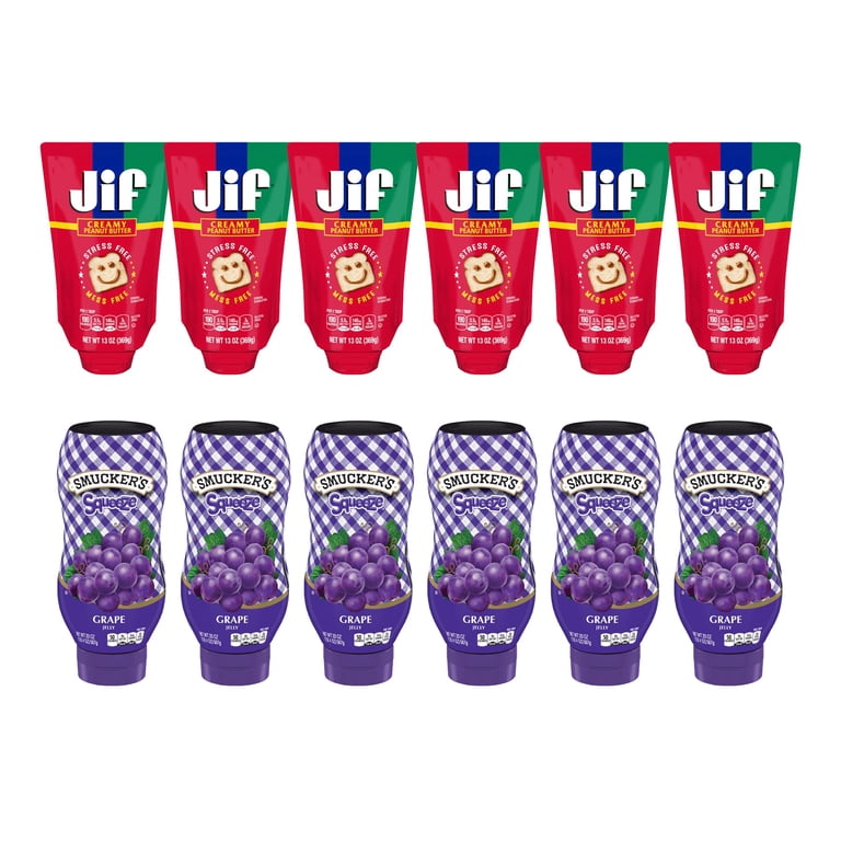 12 Pack) PB&J Variety Pack, Jif Squeeze Creamy Peanut Butter (6 ct),  Smucker's Grape Squeeze Jelly (6 ct)