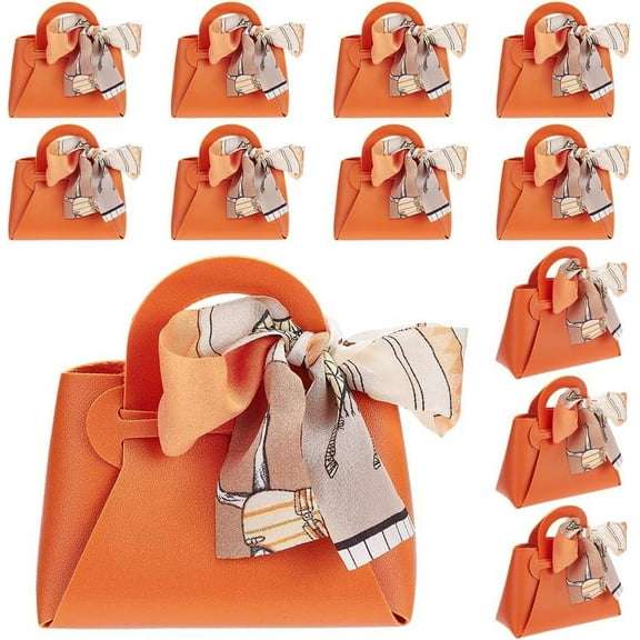 12 Pack PU Leather Gift Box with Handle & Ribbons 4.7x2x5.1inch Dark Orange Small Handbag Candy Gift Box Reusable Gift Wrap Box