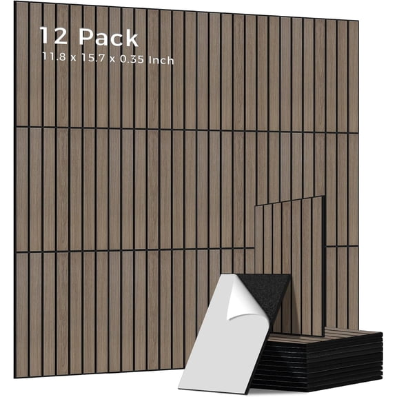 12 Pack PVC Wood Grain Acoustic Wall Panels, 11.8 x 15.7 x 0.35 Inch Wall Panels Peel and Stick 100% Polyester Fiber Acoustic Wood Panels for Home, Office, Studio, Theater,Walnut
