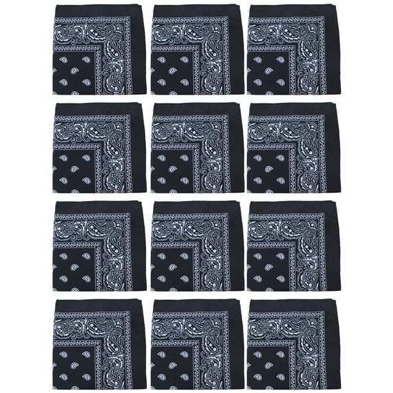 12 Pack Paisley Design Polyester Bandanas Great for Events, Crafts, Wear (Black)