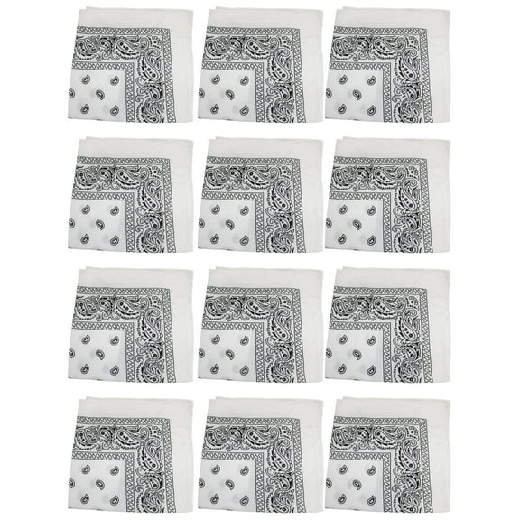 12 Pack Paisley Design Polyester Bandanas Great for Events, Crafts, Wear (White)
