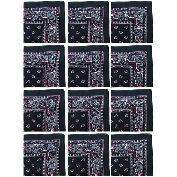 12 Pack Paisley Print Cotton Bandanas Dozen Reusable Scarf, Mask, Hair Tie (Black &