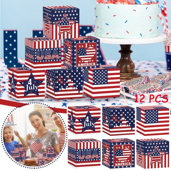 12-Pack Patriotic Independence Day Paper Candy Box Set, 4th of July 3D Snack Packaging Box Decoration for Party Favors, Gift Wrapping