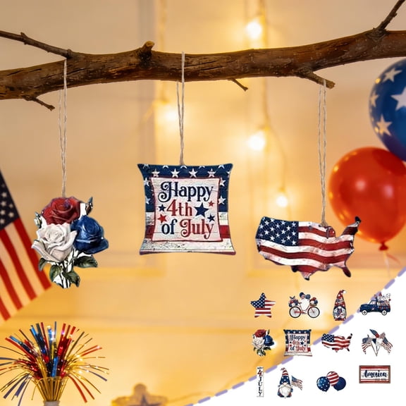 12 Pack Patriotic Wooden Hanging Ornaments - Red White Blue Independence Day Decorations for 4th of July - Star & Truck Designs, Rustic Wood Slices with Jute Rope - Home Mantel Porch Tree