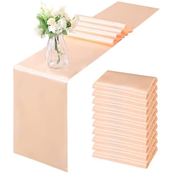 12 Pack Peach Satin Table Runner 12 x 108 Inch, Smooth Table Runners for Wedding Banquets Birthday Party