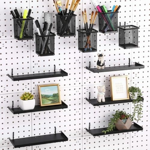 12 Pack Pegboard Organizer Accessories - 6 Pegboard Cups Pencil Holder Peg Board - 6 Shelves Metal Shelf Brackets - Tools Storage Arrange System Kit for Office Garage Room$$Hardware