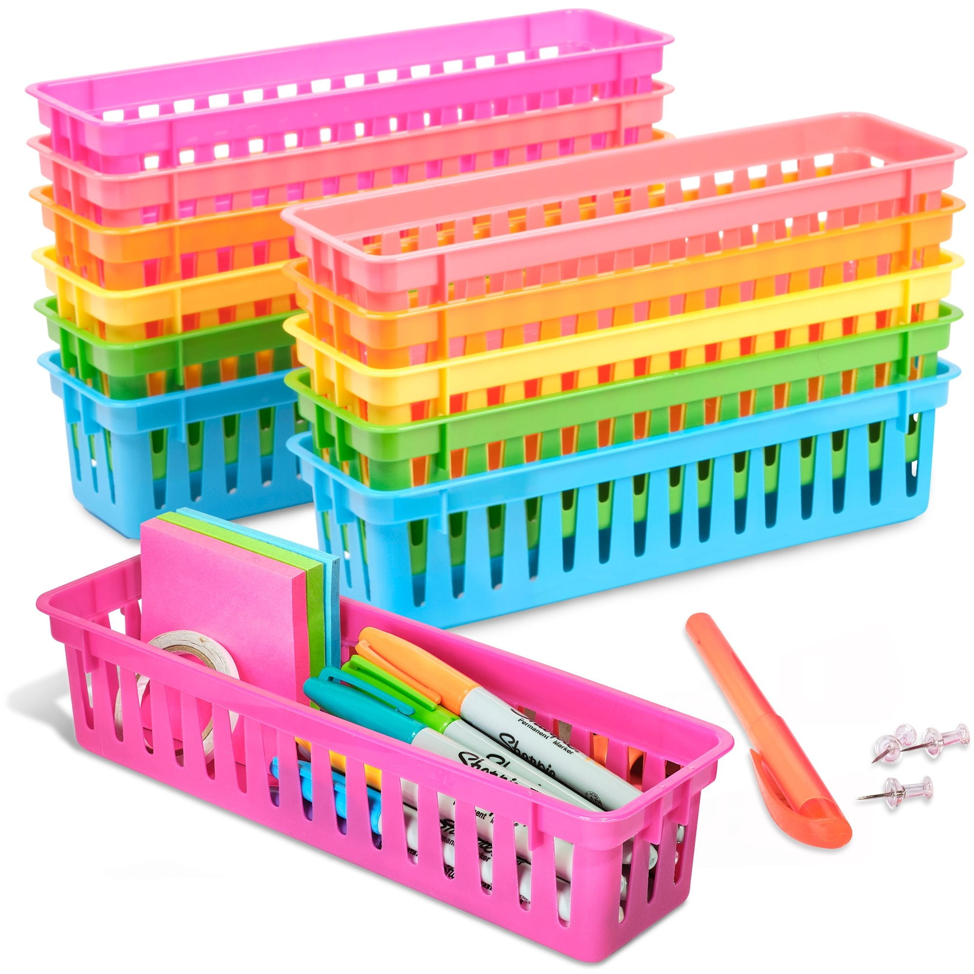 12-Pack Pencil Holder Trays and Organization Baskets - Plastic Caddy for Desk and Elementary Teacher Supplies for Classroom Decoration (Rainbow)