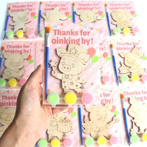 12 Pack Pig Party Favors for Kids - Individually Wrapped Oinking Magnet Craft Painting Kits for Kids Birthday, Preschool Classroom or Farm-Themed Party
