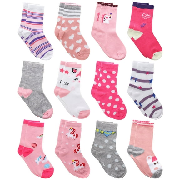 12-Pack Pink Assorted Pattern Girl Toddler Kids Cotton Crew Socks 80% Cotton 20% Polyester Small 6-8 Years