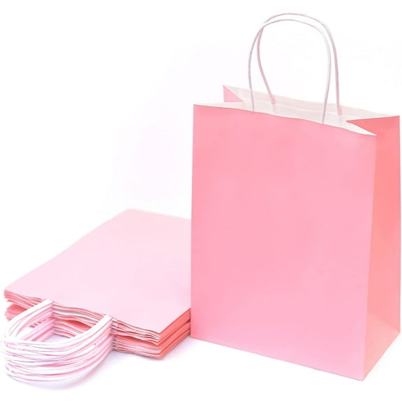 12 Pack Christmas Pink Gift Bags (10.5x8x4.25 In): Medium Kraft Paper Bags with Handles for Birthdays, Shower, Wedding, Shopping, Events, Treats, Business Tchotchkes, Retail, Bakery & Presents.