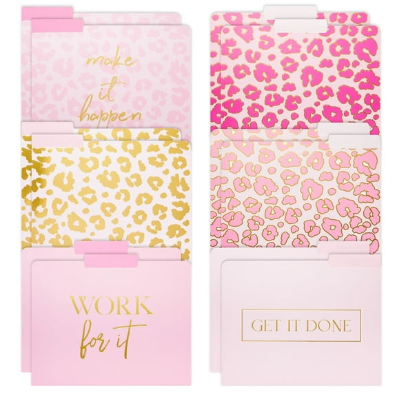 12 Pack Pink Leopard Decorative File Folders, Cute Gold Foil Print Office Supplies, Letter Size with 1/3 Cut Tab (11.5 x 9.5 in)