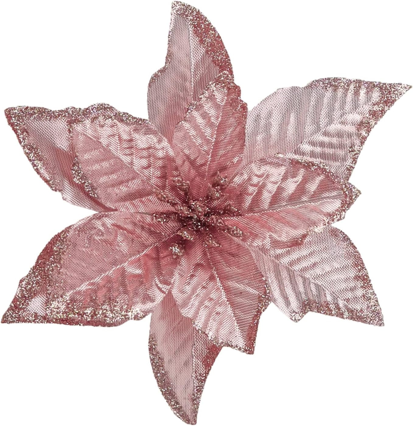 12 Pack Pink Xmas Glitter Poinsettia 5.1 inch Artificial Flowers ...