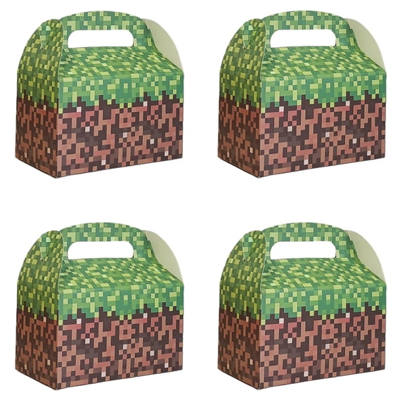 12 Pack Pixel Grass Block Treat Boxes, Video Game Theme Paper Goodie Boxes with Handle for Birthday Party Favors.