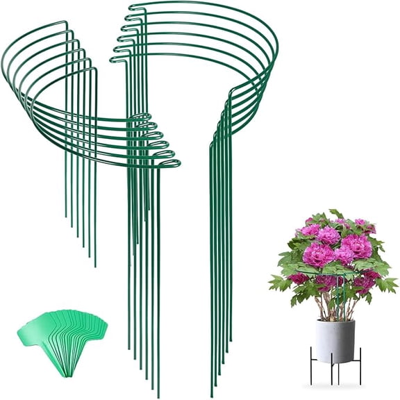 12 Pack Plant Support Stakes with 15 Labels, Metal Garden Plant Stake(10" Wide x 15.8" High) Green Half Round Plant Support Rings for Potted Plants, Plant Cage for Tomato, Hydrangea